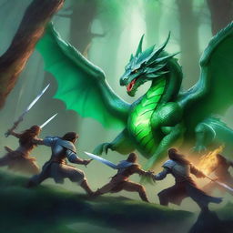 A battle scene featuring an emerald dragon fighting against a group of adventurers