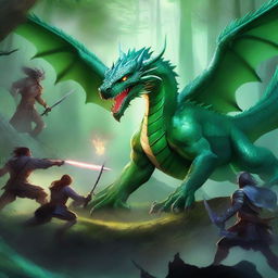 A battle scene featuring an emerald dragon fighting against a group of adventurers