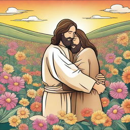 A cartoon image of Jesus hugging a person who is crying in a field of flowers