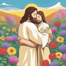 A cartoon image of Jesus hugging a person who is crying in a field of flowers