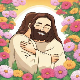 A cartoon image of Jesus hugging a person who is crying in a field of flowers