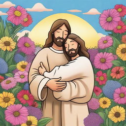 A cartoon image of Jesus hugging a person who is crying in a field of flowers