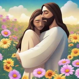 An animated image of Jesus hugging a person in a field of flowers