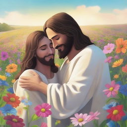 An animated image of Jesus hugging a person in a field of flowers