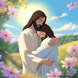 An animated image of Jesus hugging a person in a field of flowers