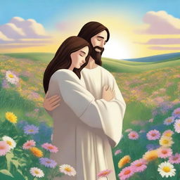 An animated image of Jesus hugging a person in a field of flowers