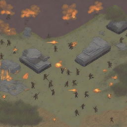 A pixel art depiction of a war scene, featuring soldiers in combat, explosions, and battlefields