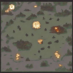 A pixel art depiction of a war scene, featuring soldiers in combat, explosions, and battlefields