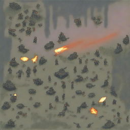 A pixel art depiction of a war scene, featuring soldiers in combat, explosions, and battlefields