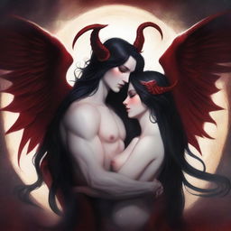 A love portrait featuring a succubus with pale skin, long black hair, and red horns, alongside an archangel