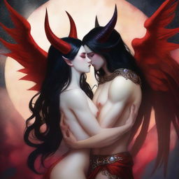 A love portrait featuring a succubus with pale skin, long black hair, and red horns, alongside an archangel