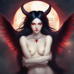 A love portrait featuring a succubus with pale skin, long black hair, and red horns, alongside an archangel