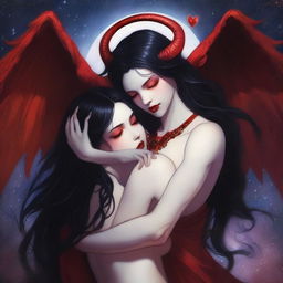 A love portrait featuring a succubus with pale skin, long black hair, and red horns, alongside an archangel