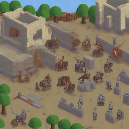 A pixel art depiction of the Trojan War, featuring ancient soldiers in combat, the iconic Trojan Horse, and the city of Troy under siege