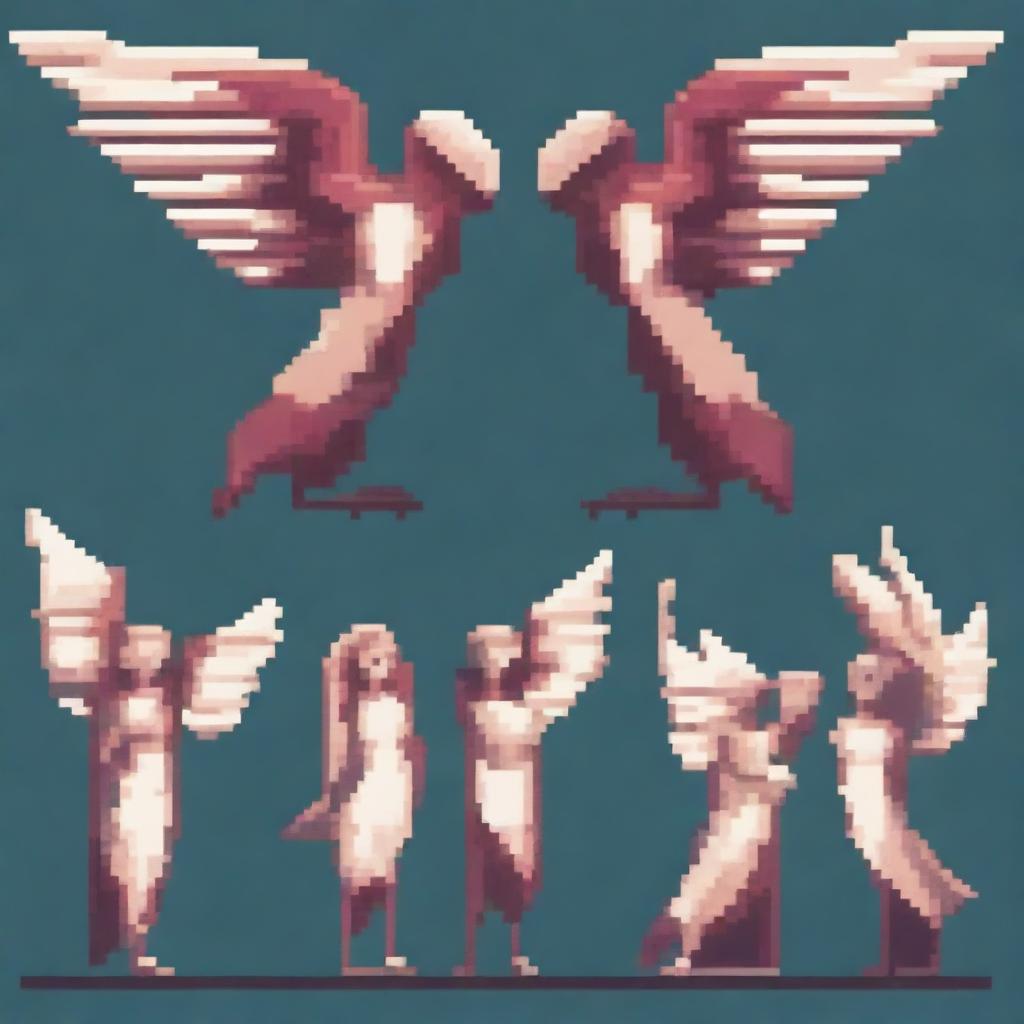 A pixel art depiction of harpies, featuring these mythical creatures with the bodies of birds and the heads of women