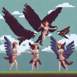 A pixel art depiction of harpies, featuring these mythical creatures with the bodies of birds and the heads of women