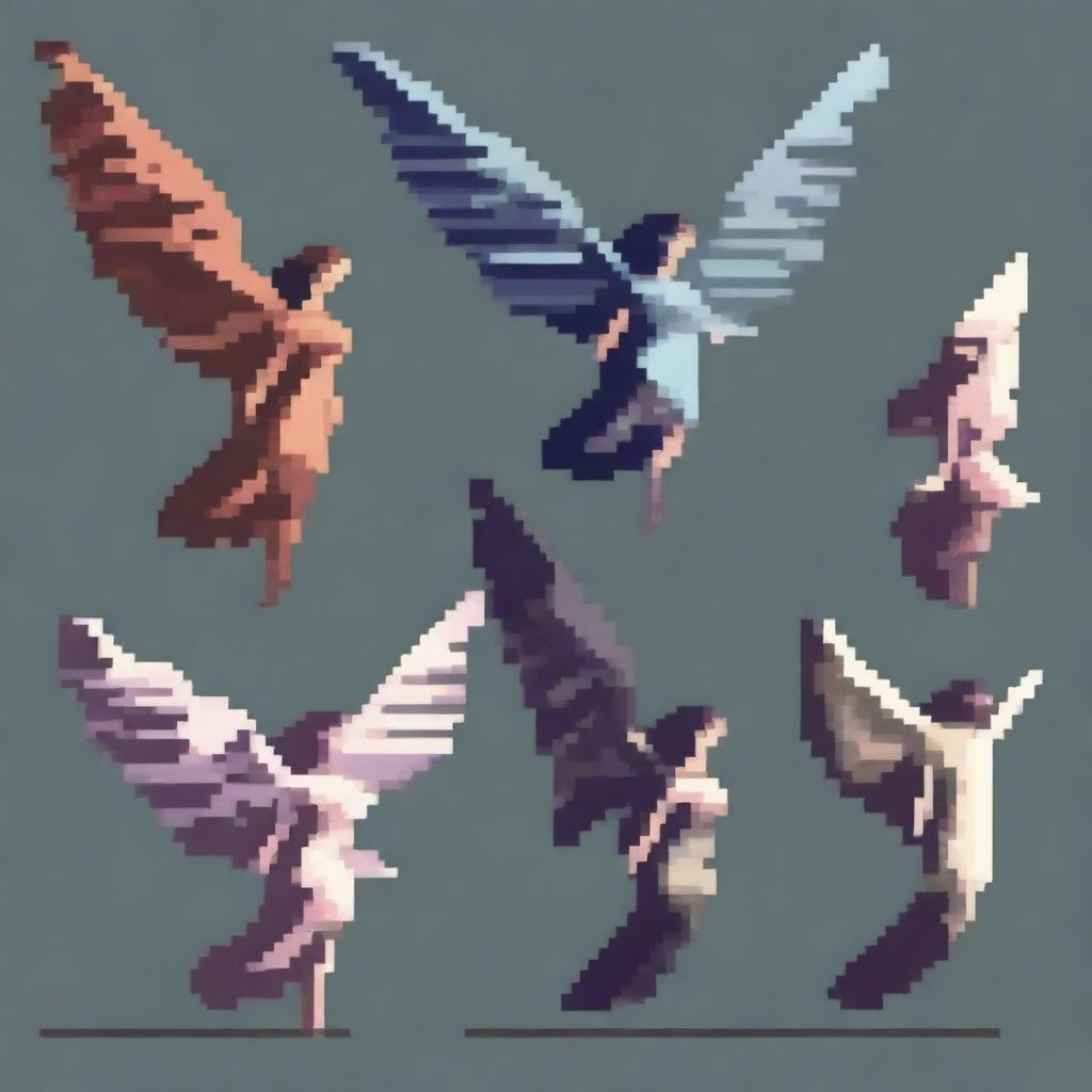 A pixel art depiction of harpies, featuring these mythical creatures with the bodies of birds and the heads of women