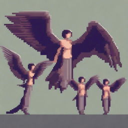 A pixel art depiction of harpies, featuring these mythical creatures with the bodies of birds and the heads of women