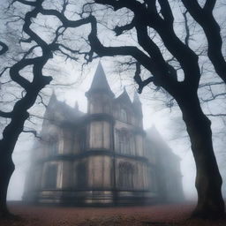 A mystical school with an eerie atmosphere, surrounded by fog and old, twisted trees