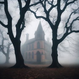 A mystical school with an eerie atmosphere, surrounded by fog and old, twisted trees