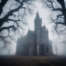 A mystical school with an eerie atmosphere, surrounded by fog and old, twisted trees