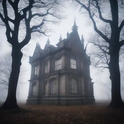 A mystical school with an eerie atmosphere, surrounded by fog and old, twisted trees