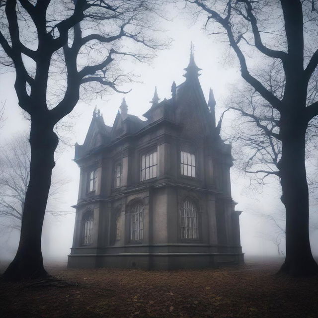 A mystical school with an eerie atmosphere, surrounded by fog and old, twisted trees