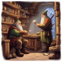 A scene depicting a dwarf and an elf attending to customers in a magical weapon and magic shop