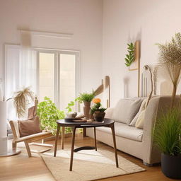A well-lit, spacious, and modern interior design layout with a blend of neutral tones and vibrant accents, encompassing comfortable furniture, aesthetically pleasing decor, and strategically placed houseplants for a warm, inviting atmosphere.