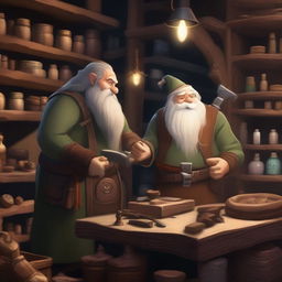 A scene depicting a dwarf and an elf attending to customers in a magical weapon and magic shop