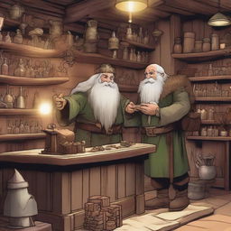 A scene depicting a dwarf and an elf attending to customers in a magical weapon and magic shop