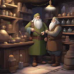 A scene depicting a dwarf and an elf attending to customers in a magical weapon and magic shop