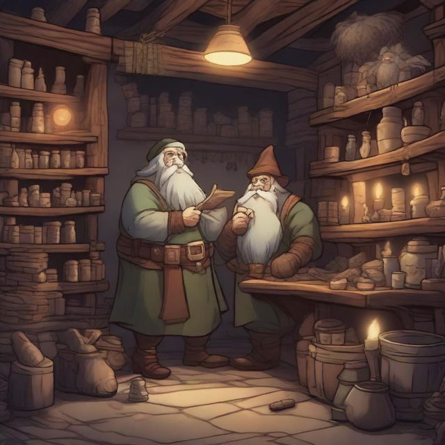 A scene depicting a dwarf and an elf working together in a magical weapon and magic shop