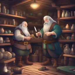 A scene depicting a dwarf and an elf working together in a magical weapon and magic shop