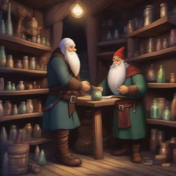 A scene depicting a dwarf and an elf working together in a magical weapon and magic shop