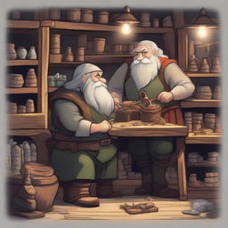 A scene depicting a dwarf and an elf working together in a magical weapon and magic shop