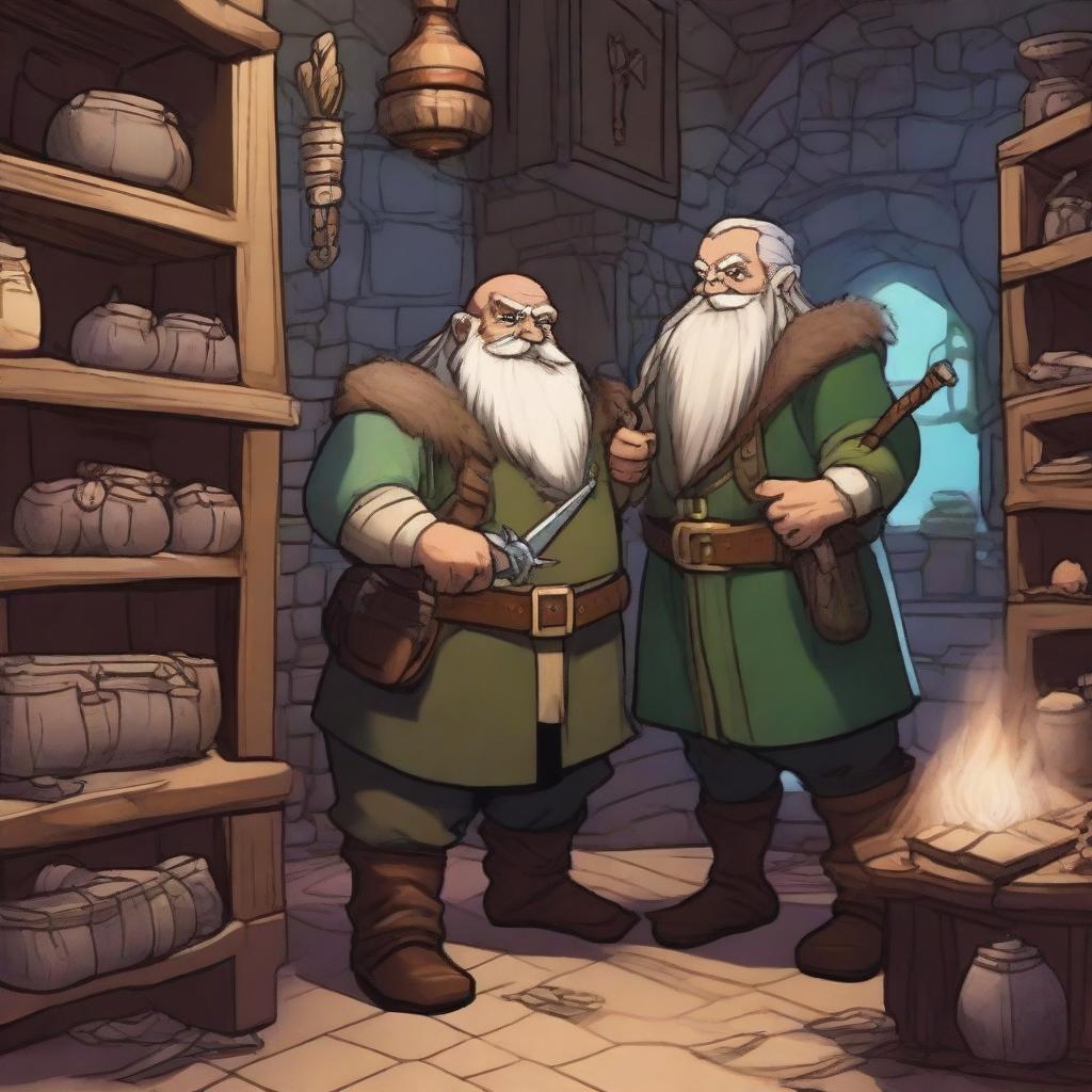 A scene depicting a dwarf and an elf working together in a magical weapon and magic shop set in a Dungeons & Dragons universe