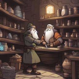 A scene depicting a dwarf and an elf working together in a magical weapon and magic shop set in a Dungeons & Dragons universe