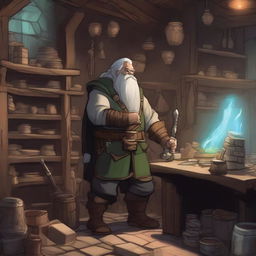 A scene depicting a dwarf and an elf working together in a magical weapon and magic shop set in a Dungeons & Dragons universe