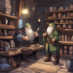 A scene depicting a dwarf and an elf working together in a magical weapon and magic shop set in a Dungeons & Dragons universe