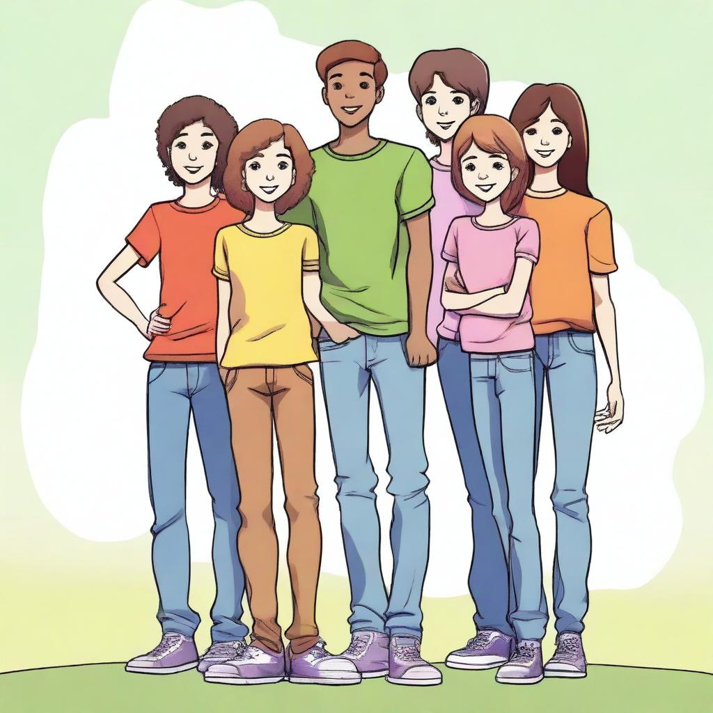 A human with two teenage girls and three teenage boys, all standing together in a friendly and happy pose