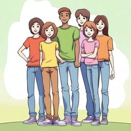 A human with two teenage girls and three teenage boys, all standing together in a friendly and happy pose