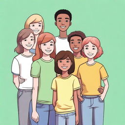 A human with two teenage girls and three teenage boys, all standing together in a friendly and happy pose