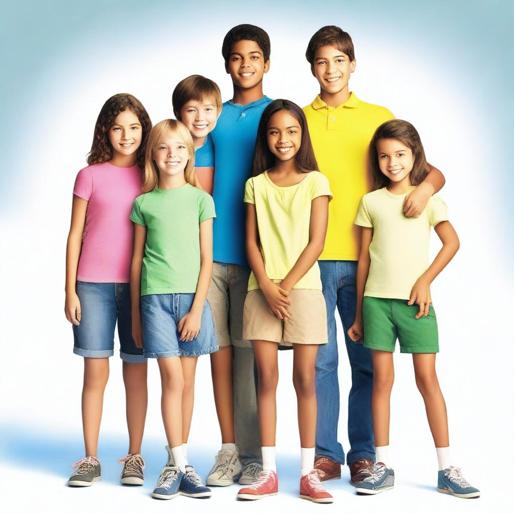 A human with two teenage girls and three teenage boys, all standing together in a friendly and happy pose