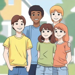 A human with two teenage girls and three teenage boys, all standing together in a friendly and happy pose