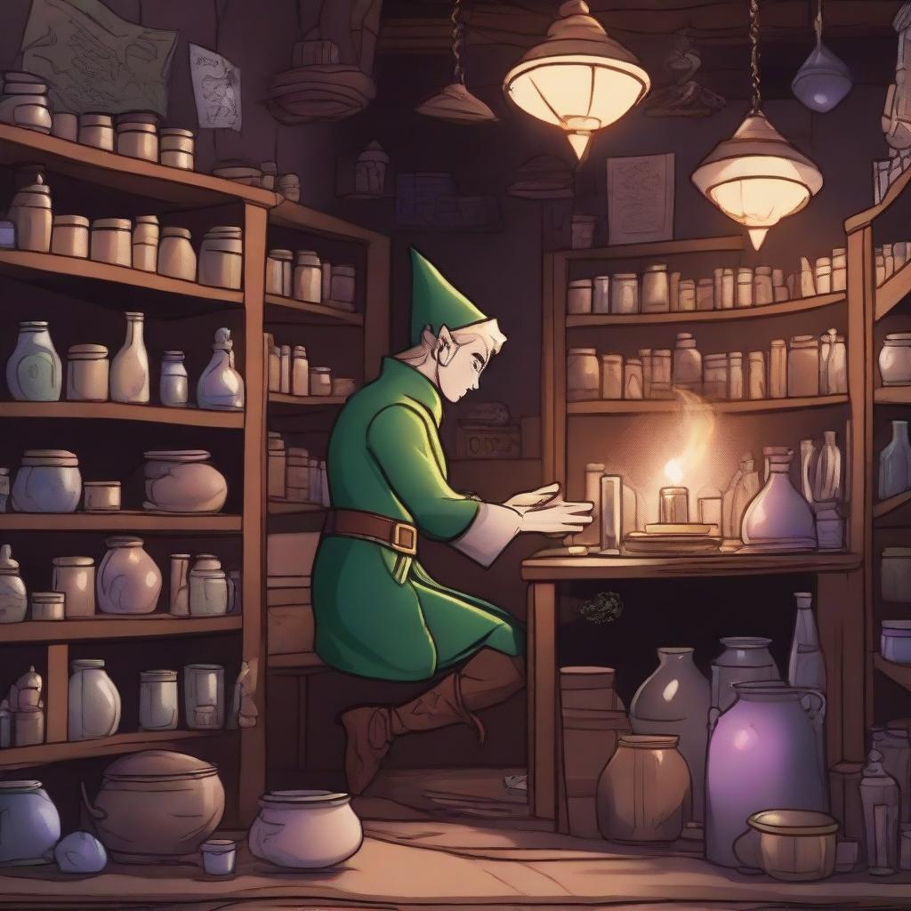 A scene depicting an elf working in a magic shop set in a Dungeons & Dragons universe