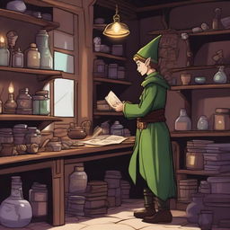 A scene depicting an elf working in a magic shop set in a Dungeons & Dragons universe