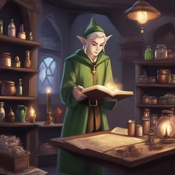 A scene depicting an elf working in a magic shop set in a Dungeons & Dragons universe