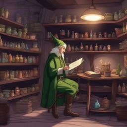 A scene depicting an elf working in a magic shop set in a Dungeons & Dragons universe