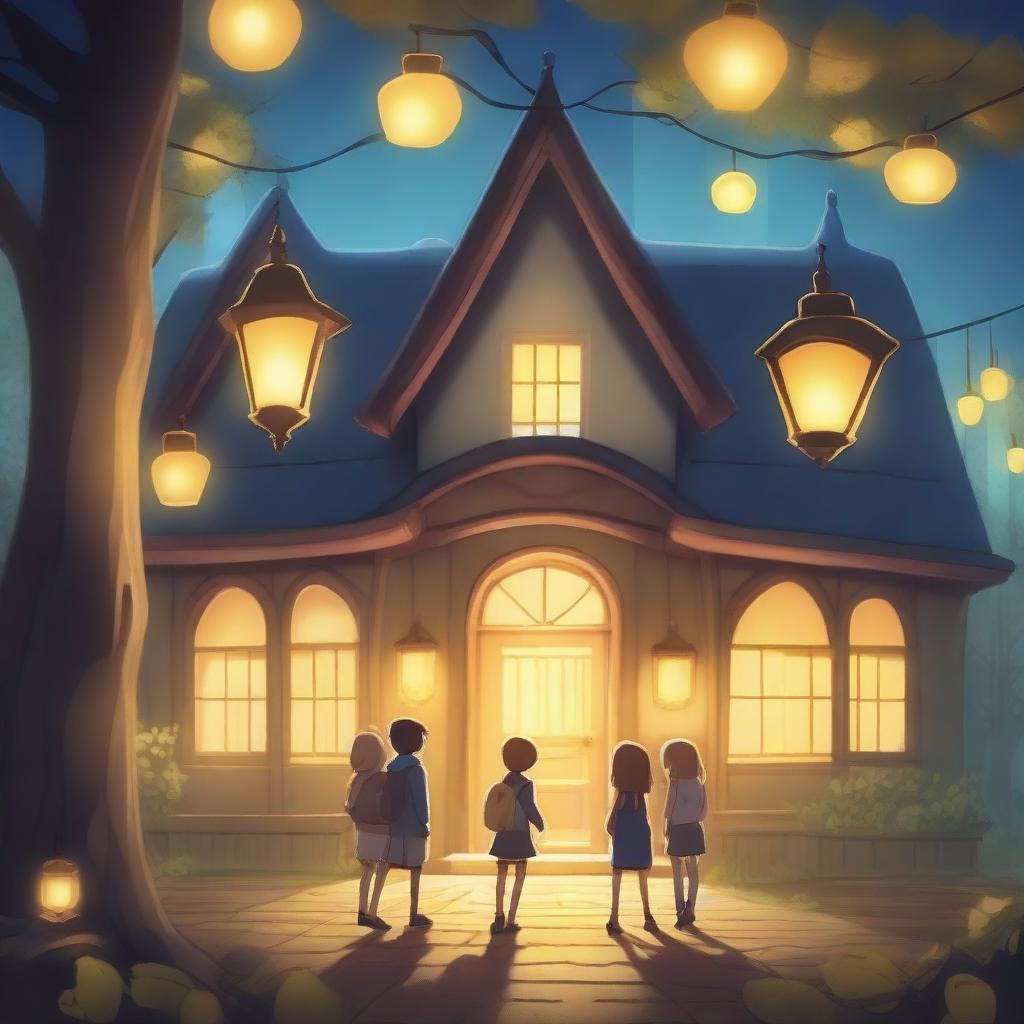 A magical school surrounded by trees with yellow lamps illuminating the area